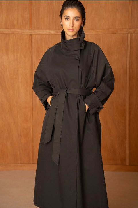 Utility Oversized Long Belted Trench with Stand-Up Collar