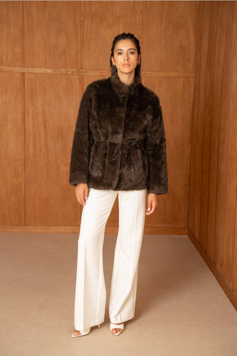 Mid-Length Belted Jacket with A High Faux-Fur Collar