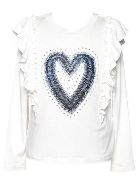 Long Sleeve Ruffle Top w/ Heart Print and Rhinestone Detail