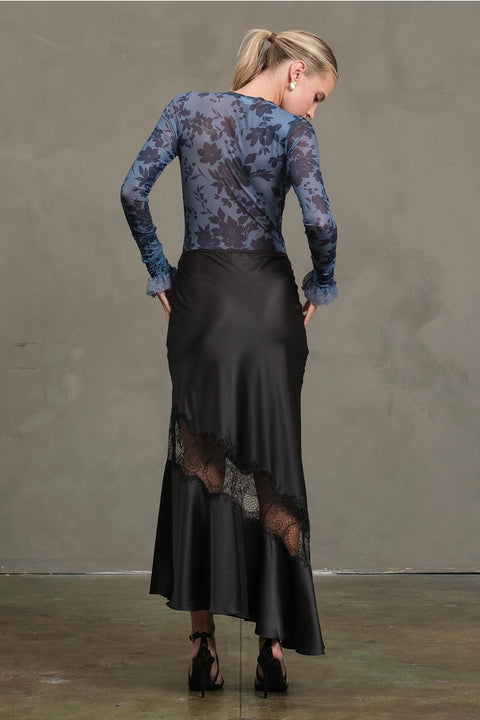 Satin Bias Lace Panel Skirt