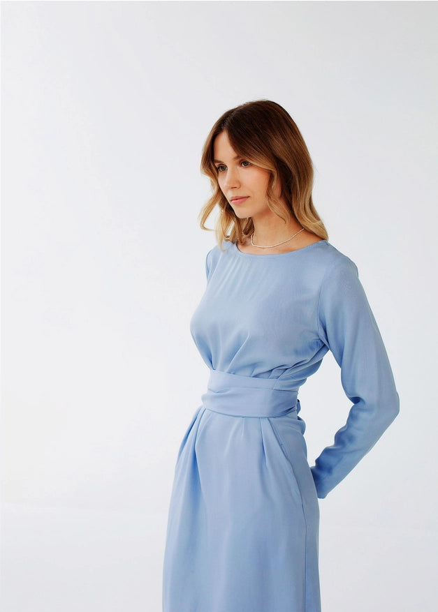 Sky Blue Wrap Tencel Belted Bridesmaid Dress For Women Long-Dress-Nich Linen-XXS-Urbanheer