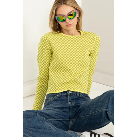 Double Zero In My Zone Checkered Pattern Long-Sleeve Top