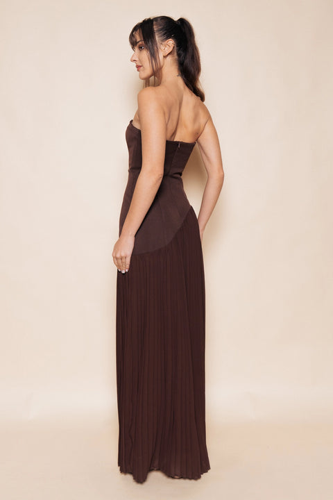 Strapless Asymmetric Pleat Skirt Maxi Dress