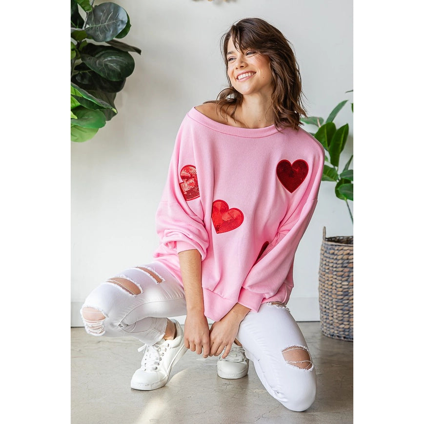 Sequined Heart Patch Sweatshirt-Sweatshirt-Peace Love Line-S-H GREY/PINK HEARTS-Urbanheer