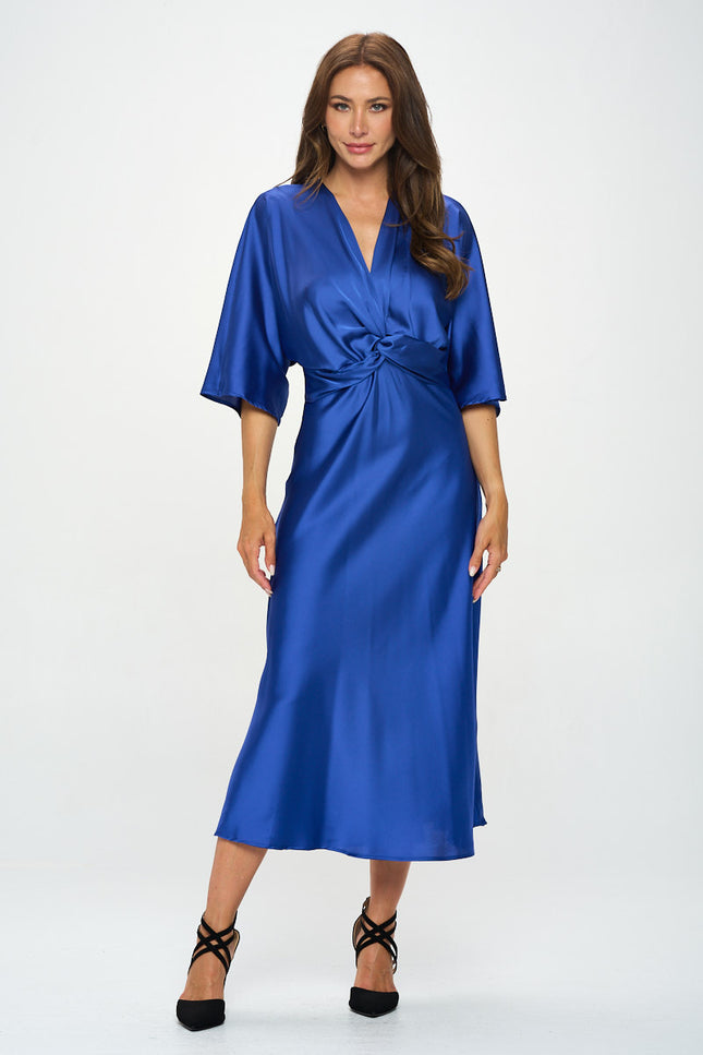 Satin Stretch Solid Dress With Front Twist-Renee C.-Urbanheer