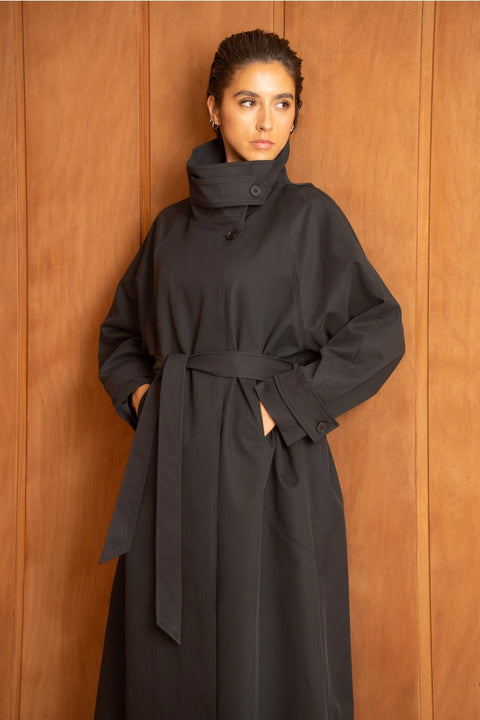 Utility Oversized Long Belted Trench with Stand-Up Collar