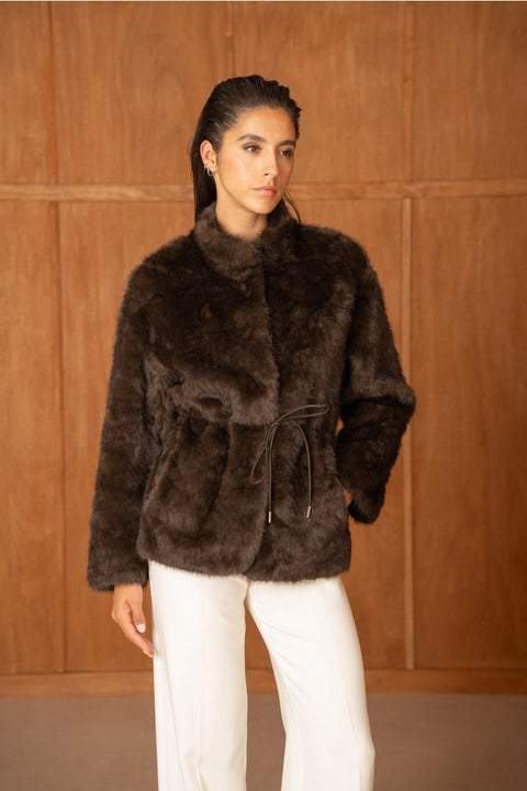 Mid-Length Belted Jacket with A High Faux-Fur Collar