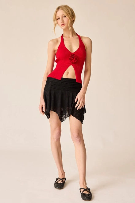 Madelyn Rosette Halter Rib Knit Top Red-TOP-Papermoon-S-Urbanheer
