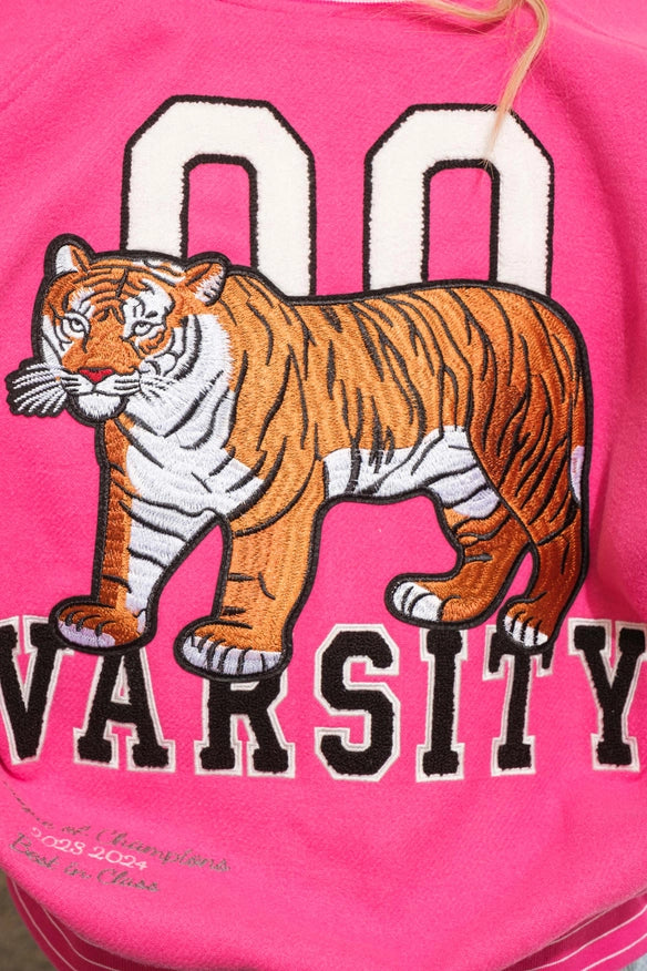 Boucle Patches Faux Leather Sleeve Varsity Jacket-Jacket-Blue B-HOT PINK-S-Urbanheer