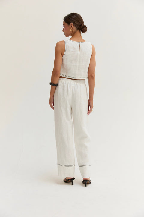 Devin Contrast Stitch Cropped Top & Pants Linen Set