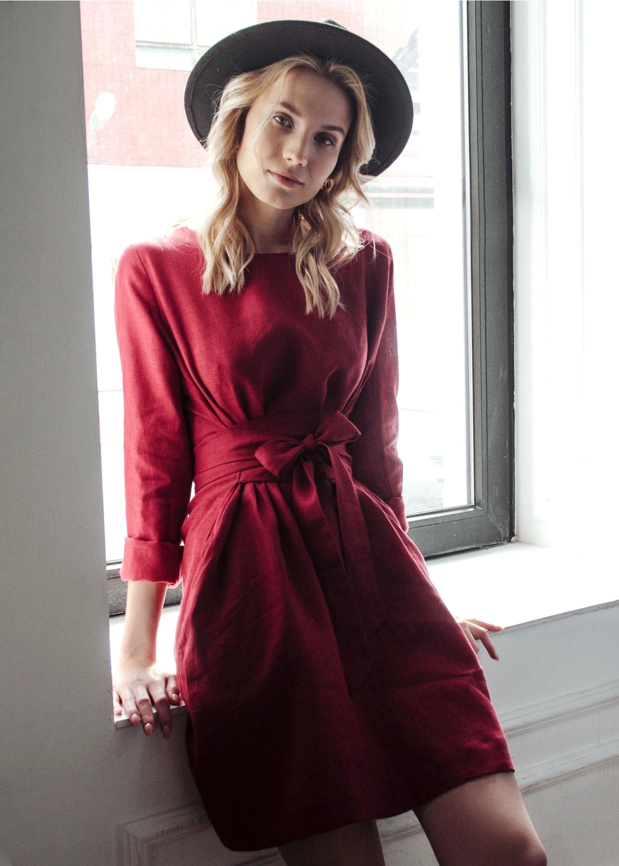 Burgundy Wrap Linen Belted Bridesmaid Dress-Clothing - Women-Nich Linen-XXS-Burgundy-Urbanheer