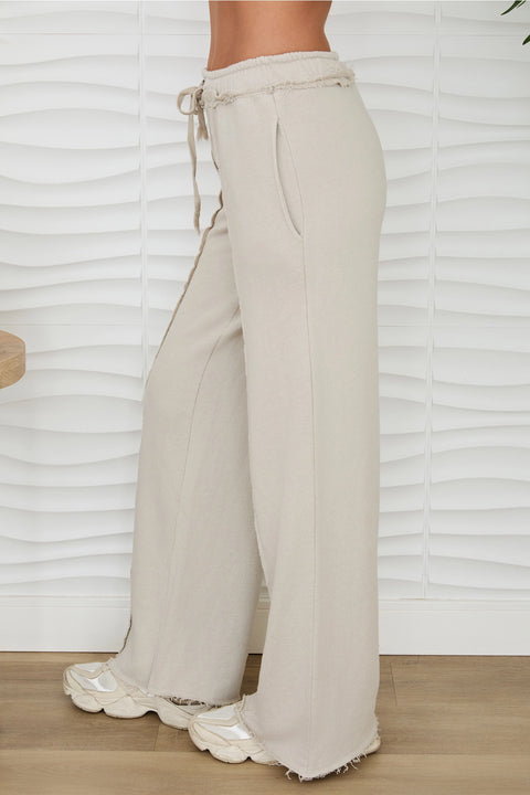 Raw Edge Elastic Waist Pants with Drawcord