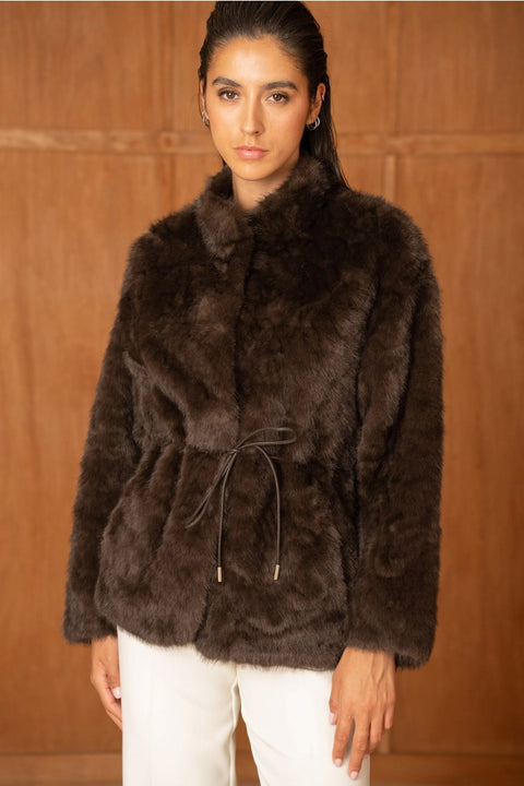 Mid-Length Belted Jacket with A High Faux-Fur Collar