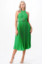 Cross Over Pleats Midi Dress- Green-Clothing - Women-Neon Blush-S-Green-Urbanheer
