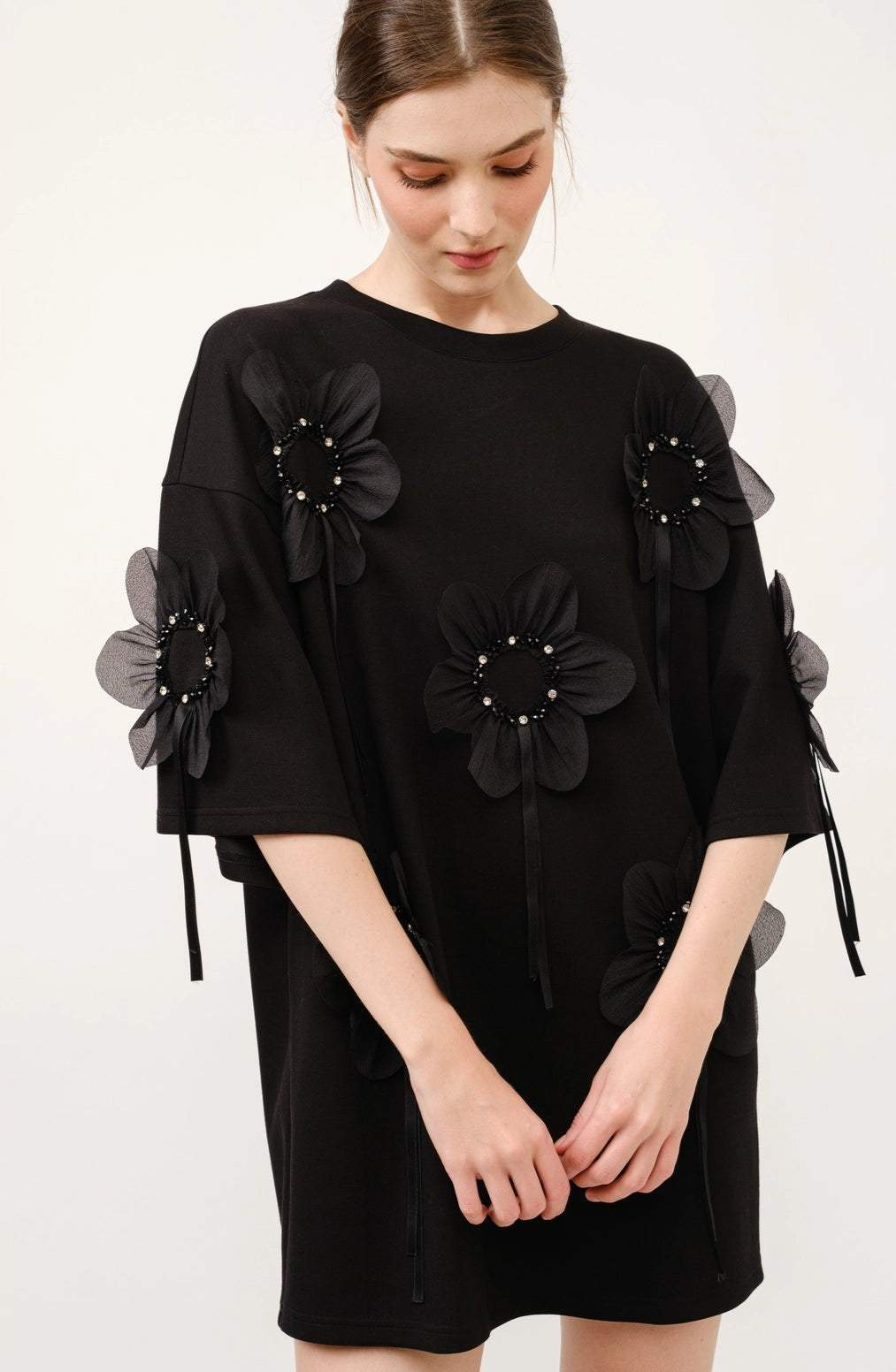 3D Floral Applique Oversized T-Shirt Mini Dress