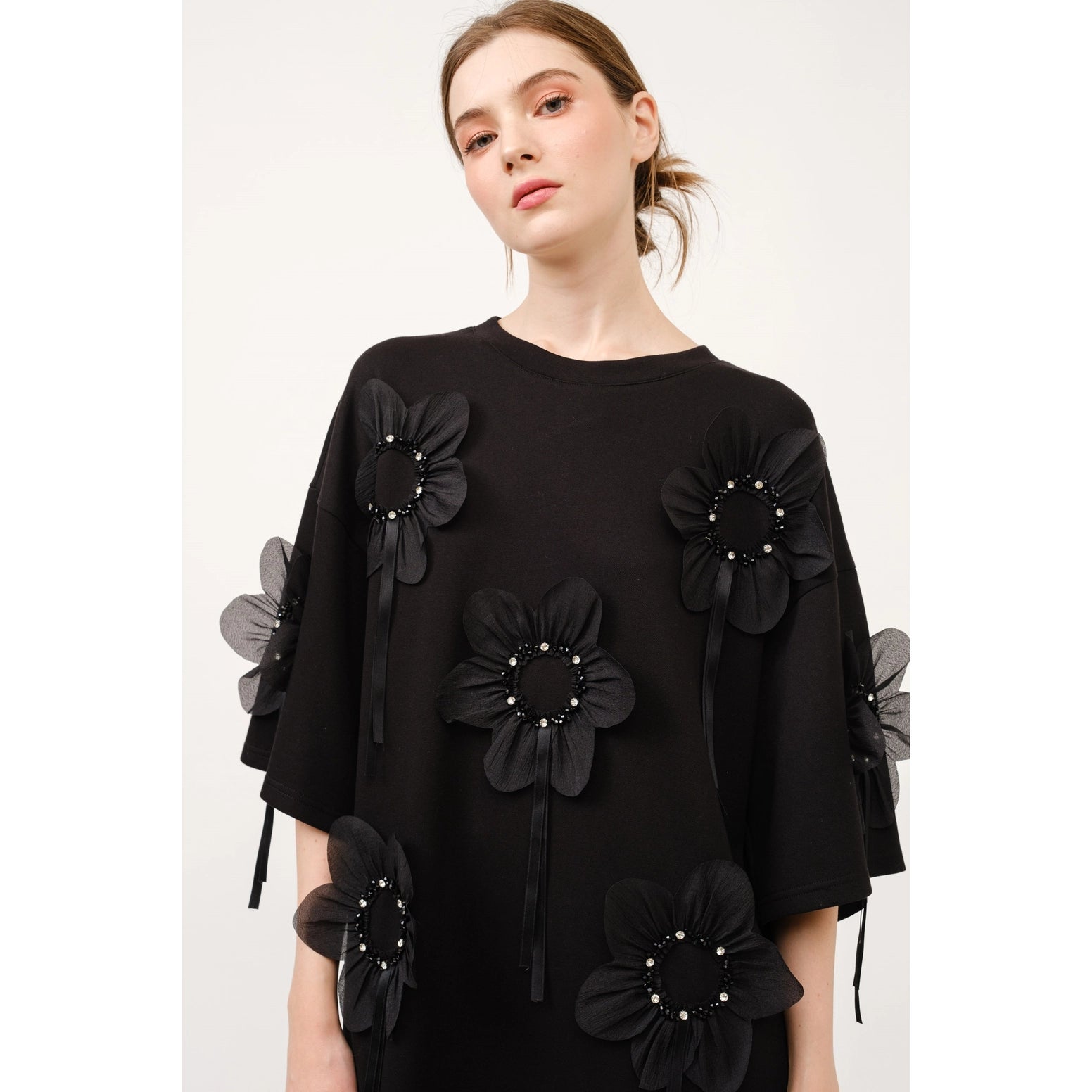 3D Floral Applique Oversized T-Shirt Mini Dress