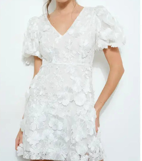 3D Floral Applique Puff Sleeve Mini Dress WHITE-Dress-INA-S-BLACK/WHITE-Urbanheer