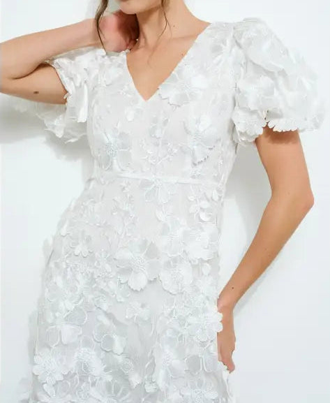 3D Floral Applique Puff Sleeve Mini Dress WHITE-Dress-INA-S-BLACK/WHITE-Urbanheer