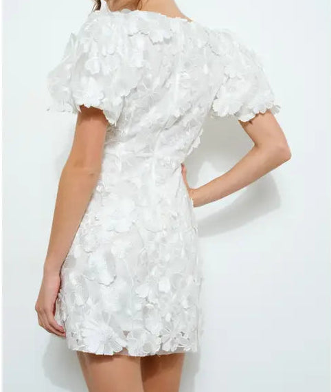 3D Floral Applique Puff Sleeve Mini Dress WHITE-Dress-INA-S-BLACK/WHITE-Urbanheer