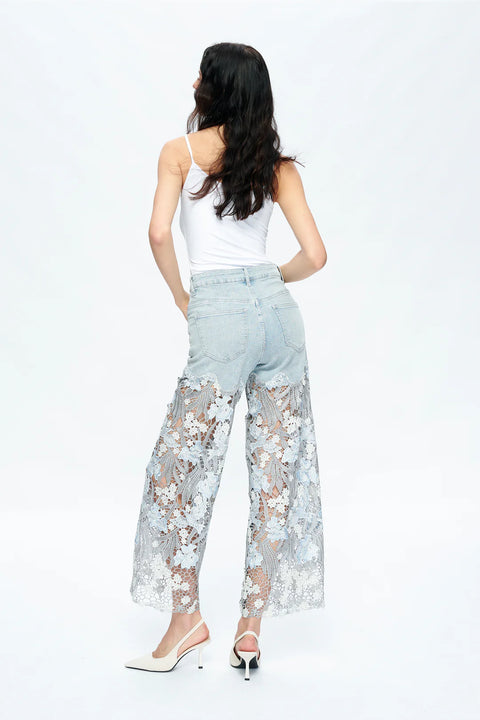 BAYEAS - HIGH RISE WIDE LEG JEANS WITH LACE SPLICED BLUE-Fashion-BAYEAS-LESLEY BLUE-26-Urbanheer