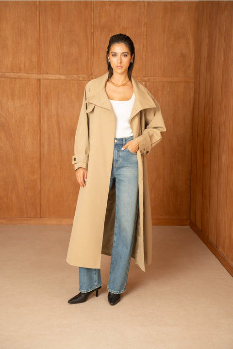 Utility Oversized Long Belted Trench with Stand-Up Collar