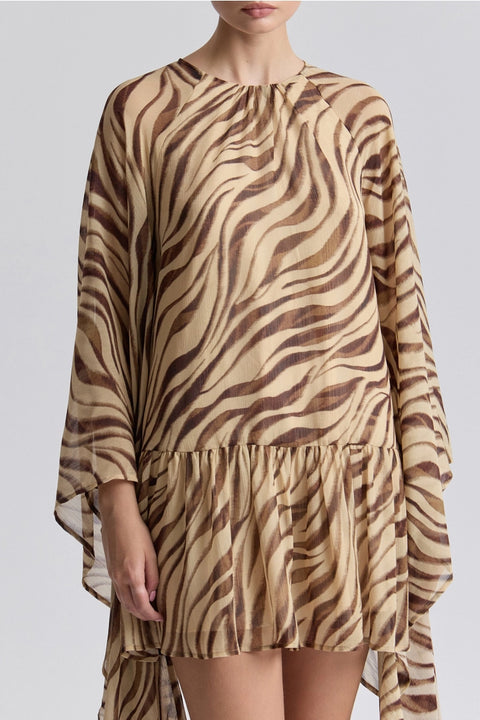 Waterfall Sleeve Zebra Print Crinkle Georgette Mini Dress