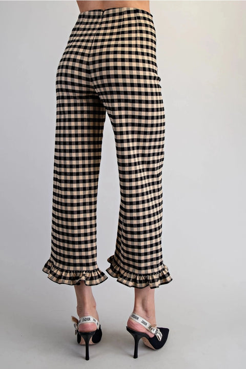 Gingham Ruffle Trim Straight Leg Pants