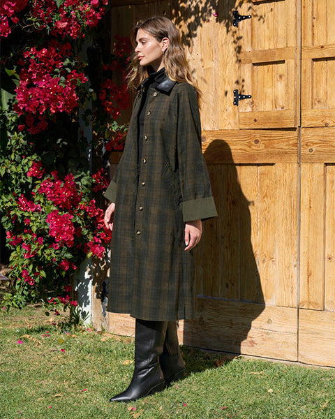 Contrast Faux Leather Collar Plaid Coat