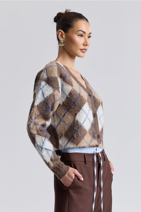 Brushed Argyle Jacquard Cropped Cardigan