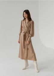 Beige Classic Elegant Evening Wrap Dress Midi-Dress-Nich Linen-XXS-Urbanheer