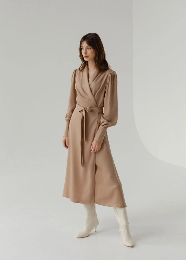 Beige Classic Elegant Evening Wrap Dress Midi-Dress-Nich Linen-XXS-Urbanheer