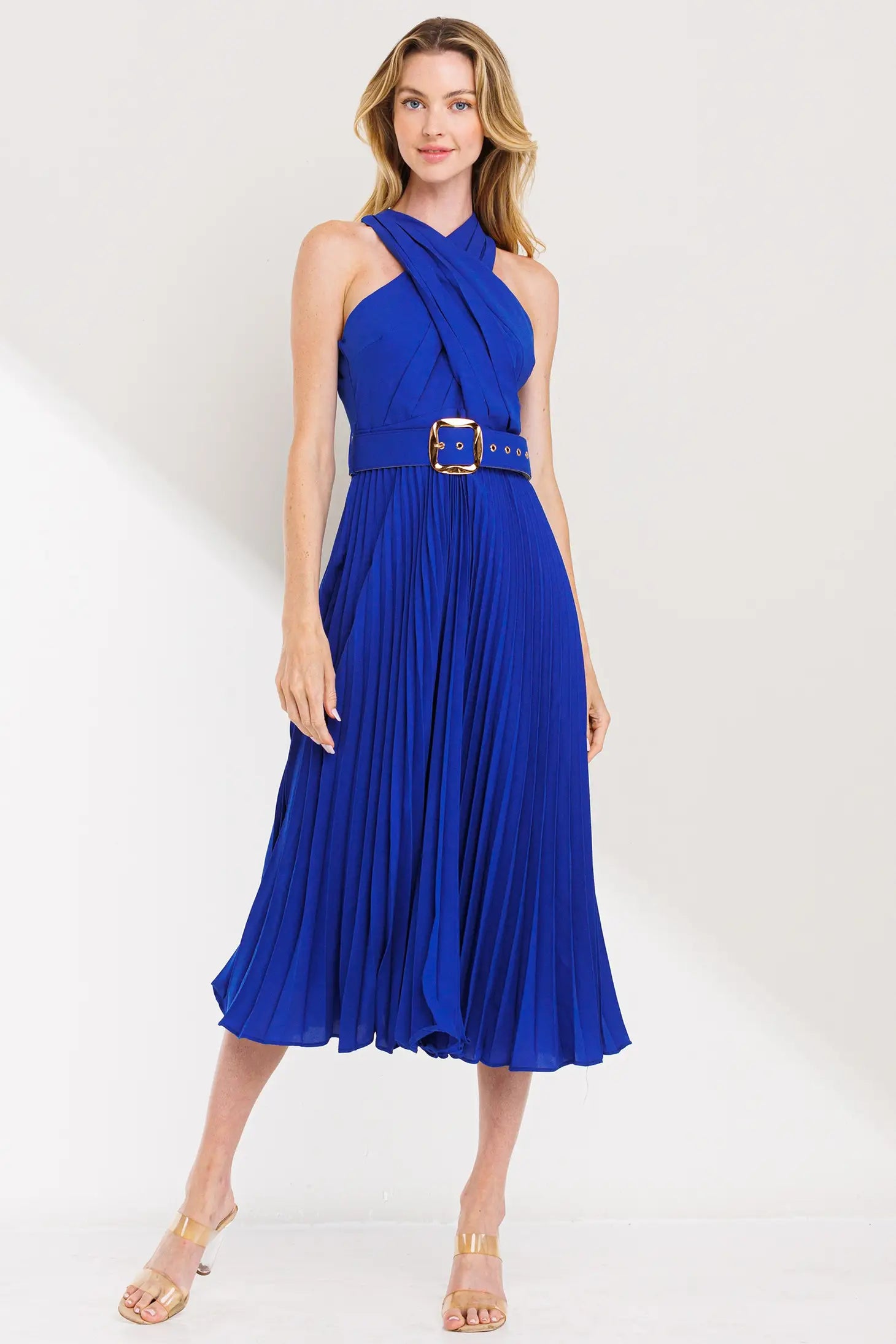 Cross Over Pleats Midi Dress- Blue-Clothing - Women-Neon Blush-S-Blue-Urbanheer