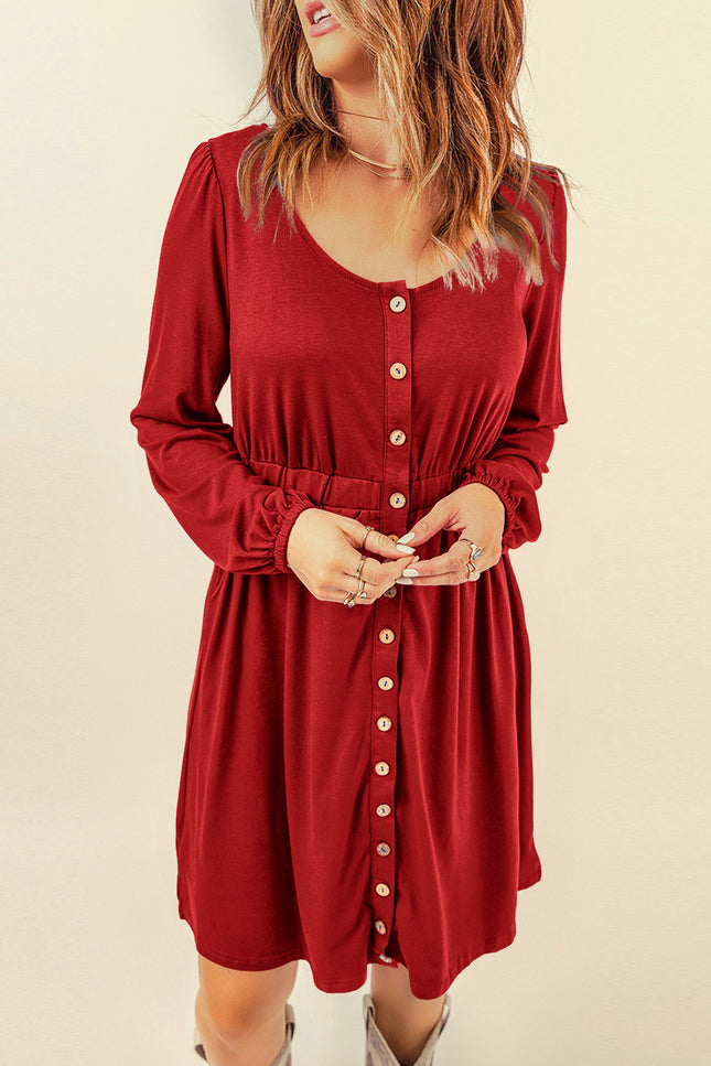 Button Down Long Sleeve Dress With Pockets-UHX-Red-L-Urbanheer
