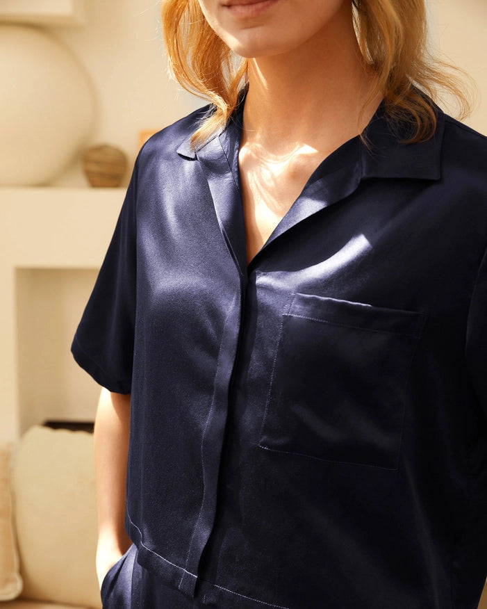 Short Sleeve Silk Pajamas Navy Blue-Pajamas-MommeSilk-XS-Urbanheer