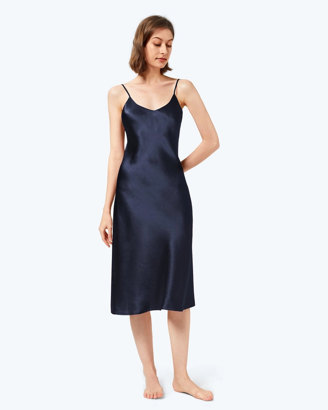Classic Silk Night Gown Navy Blue-Night Gown-MommeSilk-Urbanheer
