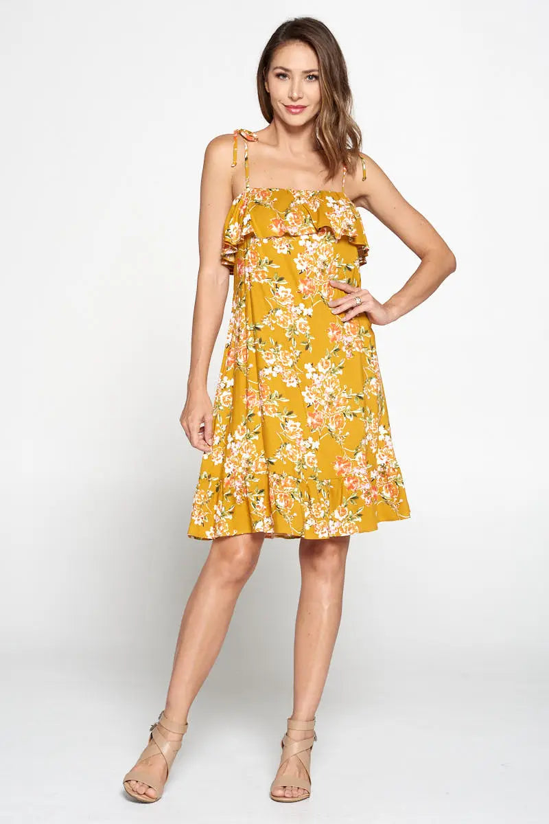 Floral Print Dress With Knot Strap And Ruffle-Renee C.-S-Urbanheer
