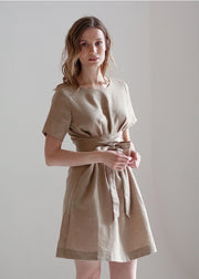 Beige Tie Belt Wrap Linen Bridesmaid Dress For Woman Mini-Dress-Nich Linen-XXS-Urbanheer