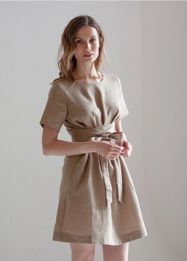 Beige Tie Belt Wrap Linen Bridesmaid Dress For Woman Mini-Dress-Nich Linen-XXS-Urbanheer