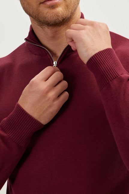 Quarter Zipper Mock Neck Ribbed Sweater - Burgundy
