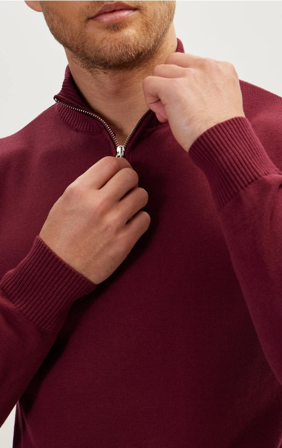Quarter Zipper Mock Neck Ribbed Sweater - Burgundy-Sweater-Ron Tomson-Urbanheer