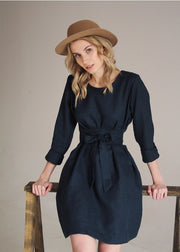 Navy Blue Linen Dress For Women Midi, Belted Dress-Dress-Nich Linen-XXS-Urbanheer