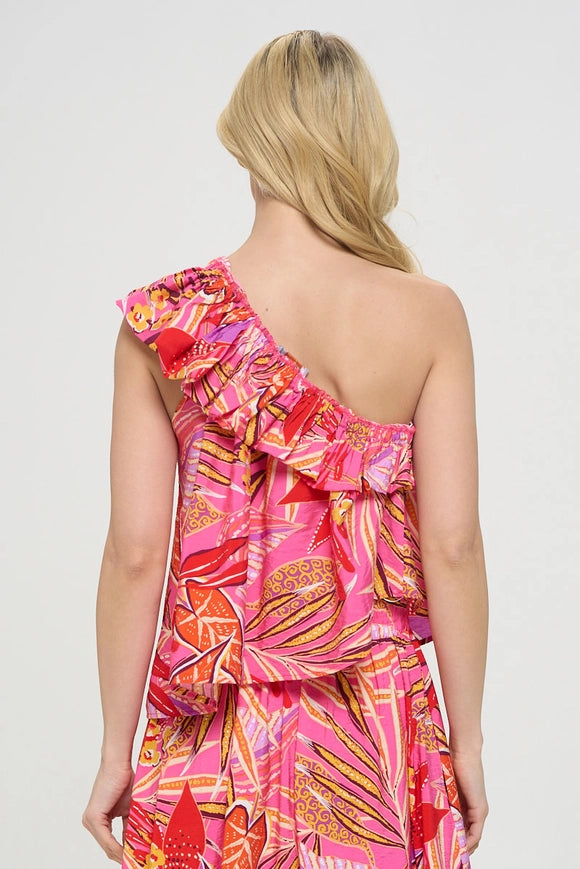 Tropical Leaf Print One Shoulder Top with Ruffle-TOP-Renee C.-S-Urbanheer