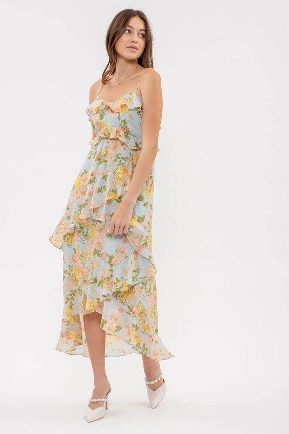 Clip Dot Floral Ruffle Midi Dress LIGHT SAGE MULTI-Dress-Blu Pepper-LIGHT SAGE MULTI-Urbanheer