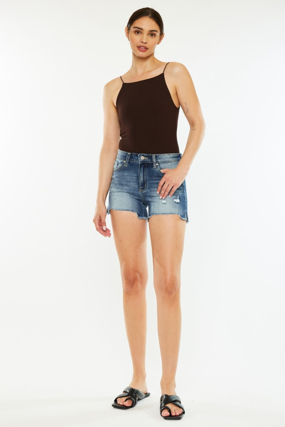 Kancan High Waist Raw Hem Denim Shorts-Street 360-Dark-S-Urbanheer