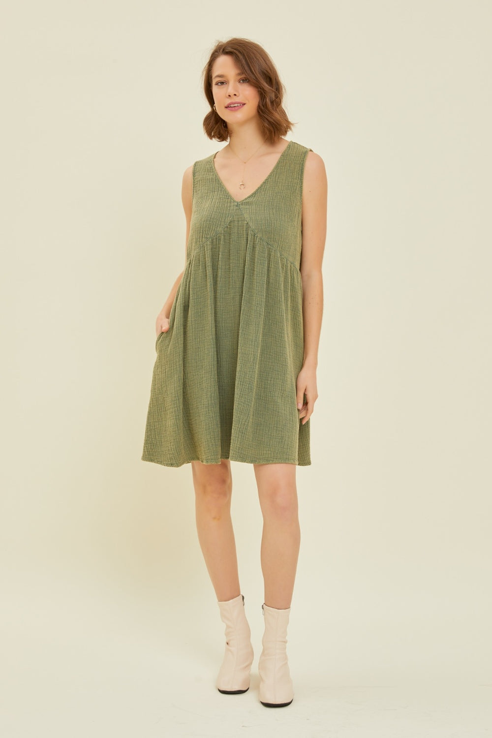 Heyson Full Size Texture V-Neck Sleeveless Flare Mini Dress-Street 360-Green-S-Urbanheer