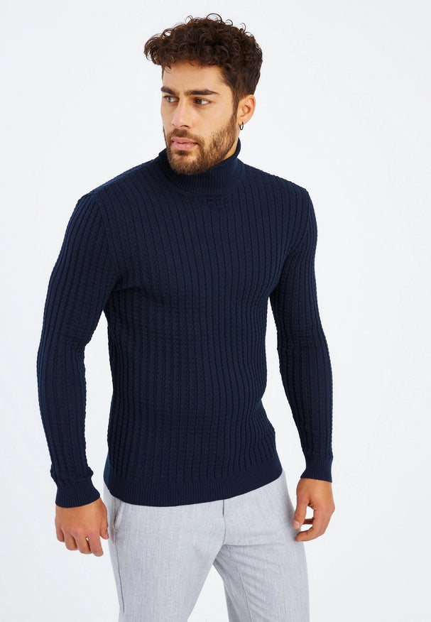 Men'S Knitted Fine Knit Turtleneck Pullover Blue-SWEATER-Leif Nelson GmbH-XXL-Urbanheer