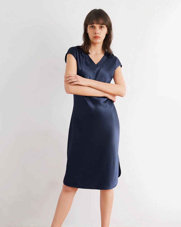 Relaxed Fit Night Gown Navy Blue-Night Gown-MommeSilk-XS-Urbanheer