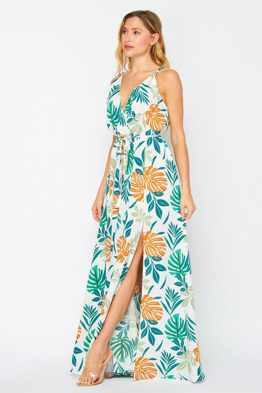 Print Sleeveless V Neck Wrap Maxi Dress-Dress-Pink Irene Wholesale-S-Urbanheer