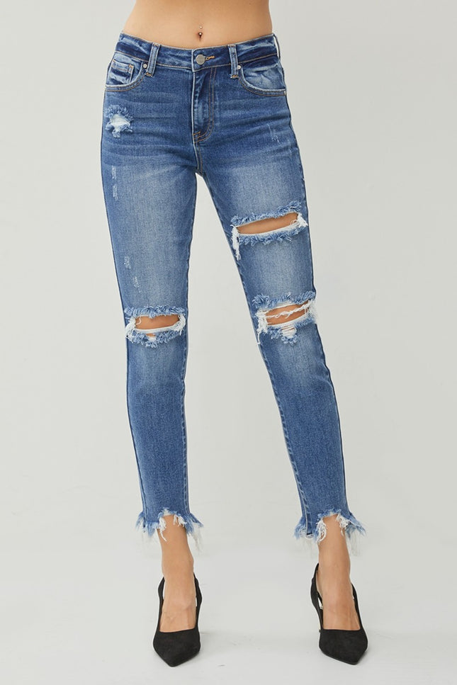 RISEN Distressed Frayed Hem Slim Jeans-UHX-DARK-0-Urbanheer