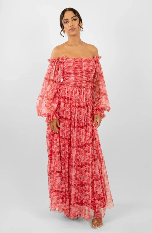 Lana Maxi Dress Red Floral-Lace & Beads-Urbanheer